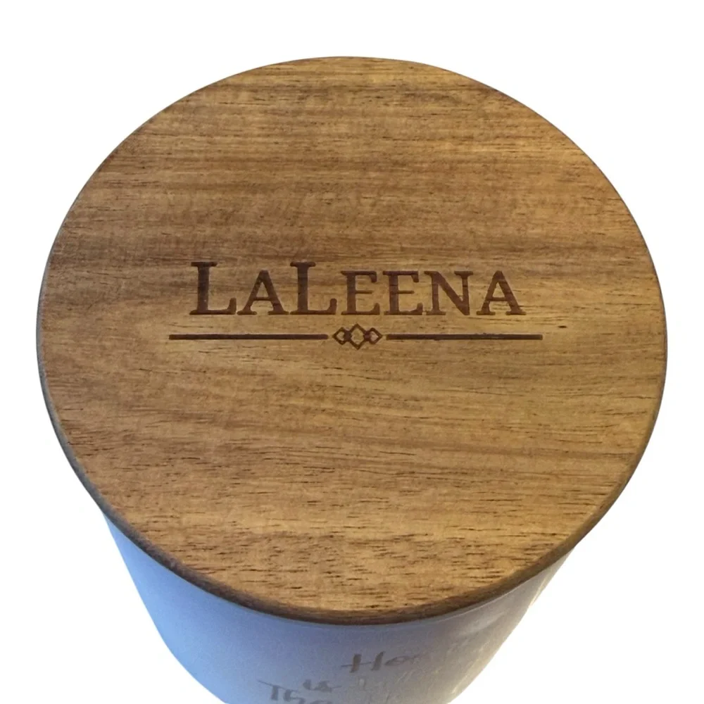 Laleena Soy Vanilla Scent Candle with wood lid and Home saying